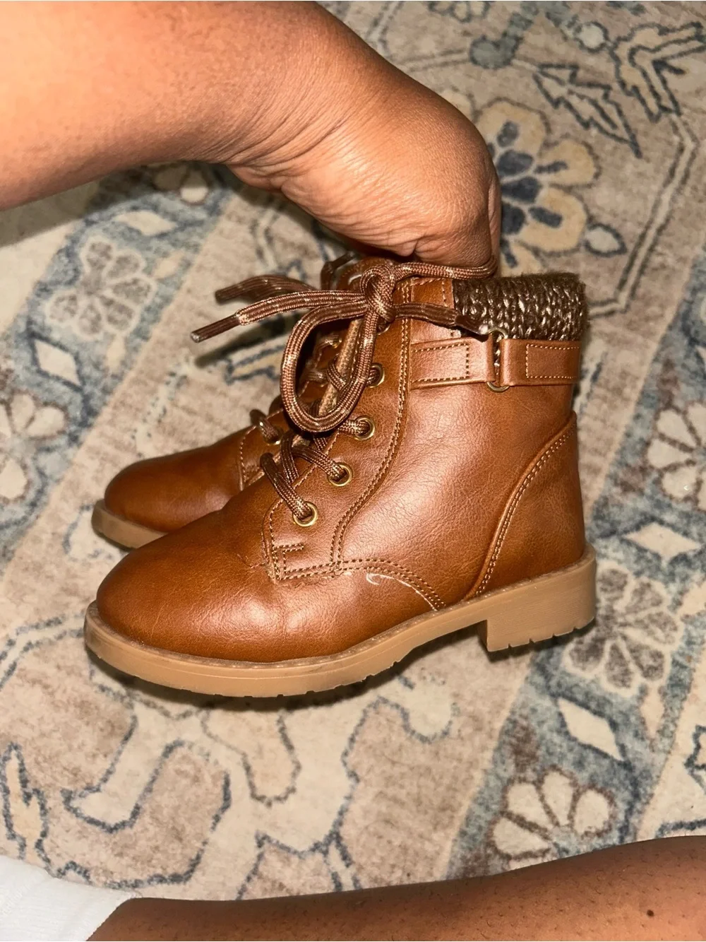 Brown Faux Leather Lace-Up Ankle Boots